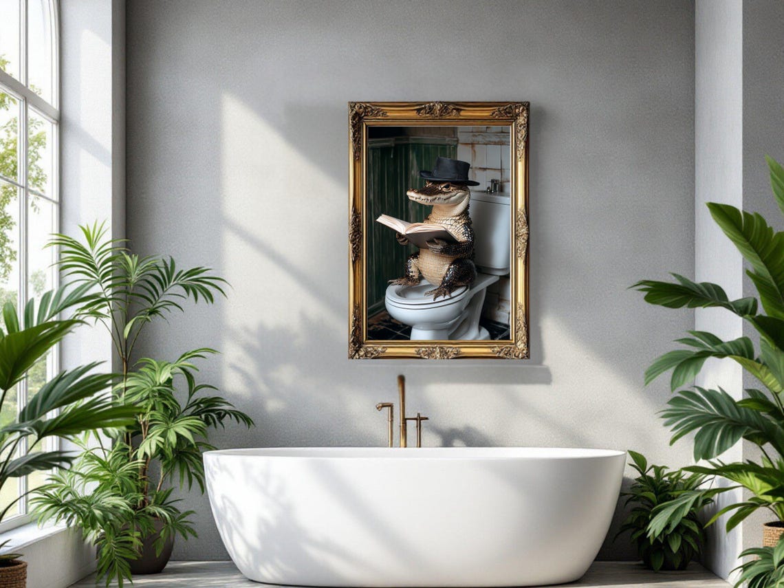 Alligator Wearing a Top Hat Reading a Book on the Toilet Poster - Image 3