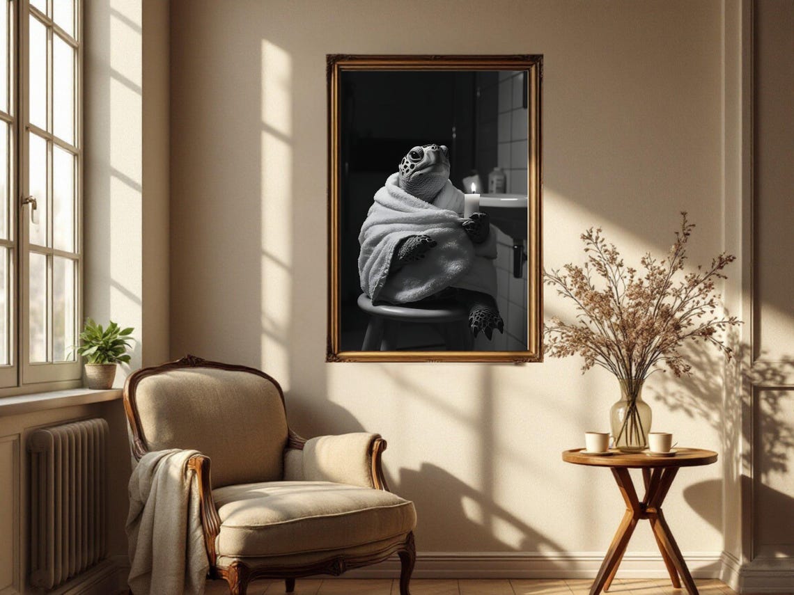 Black and White Turtle Wrapped in a Towel Holding a Candle Poster - Image 4