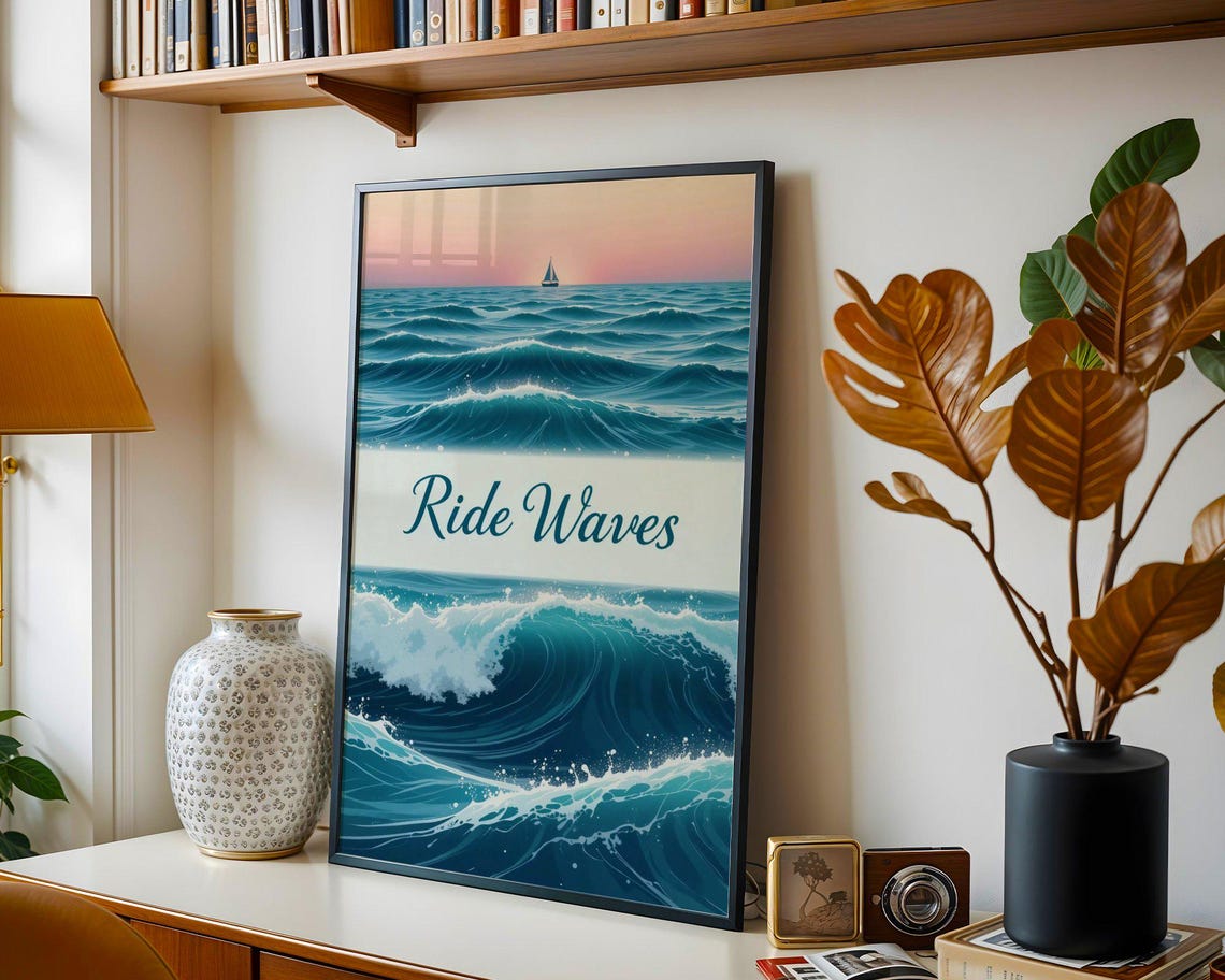 Ride Waves Ocean Art Print Coastal Nautical Beach Wall Art Sea Wave Poster Sea Landscape Art - Image 3