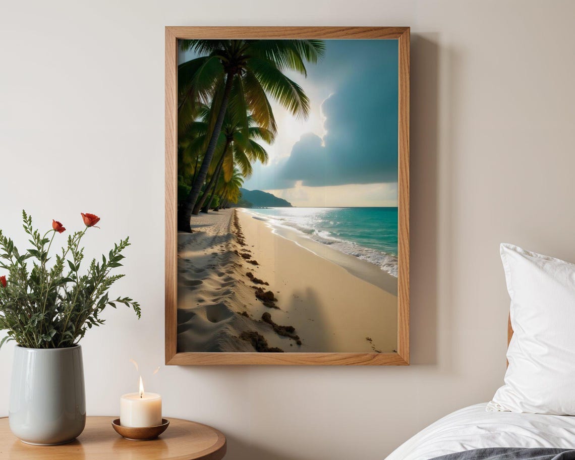 Palm Lined Sandy Beach with Footprints in Sunlit Ocean Sand Poster