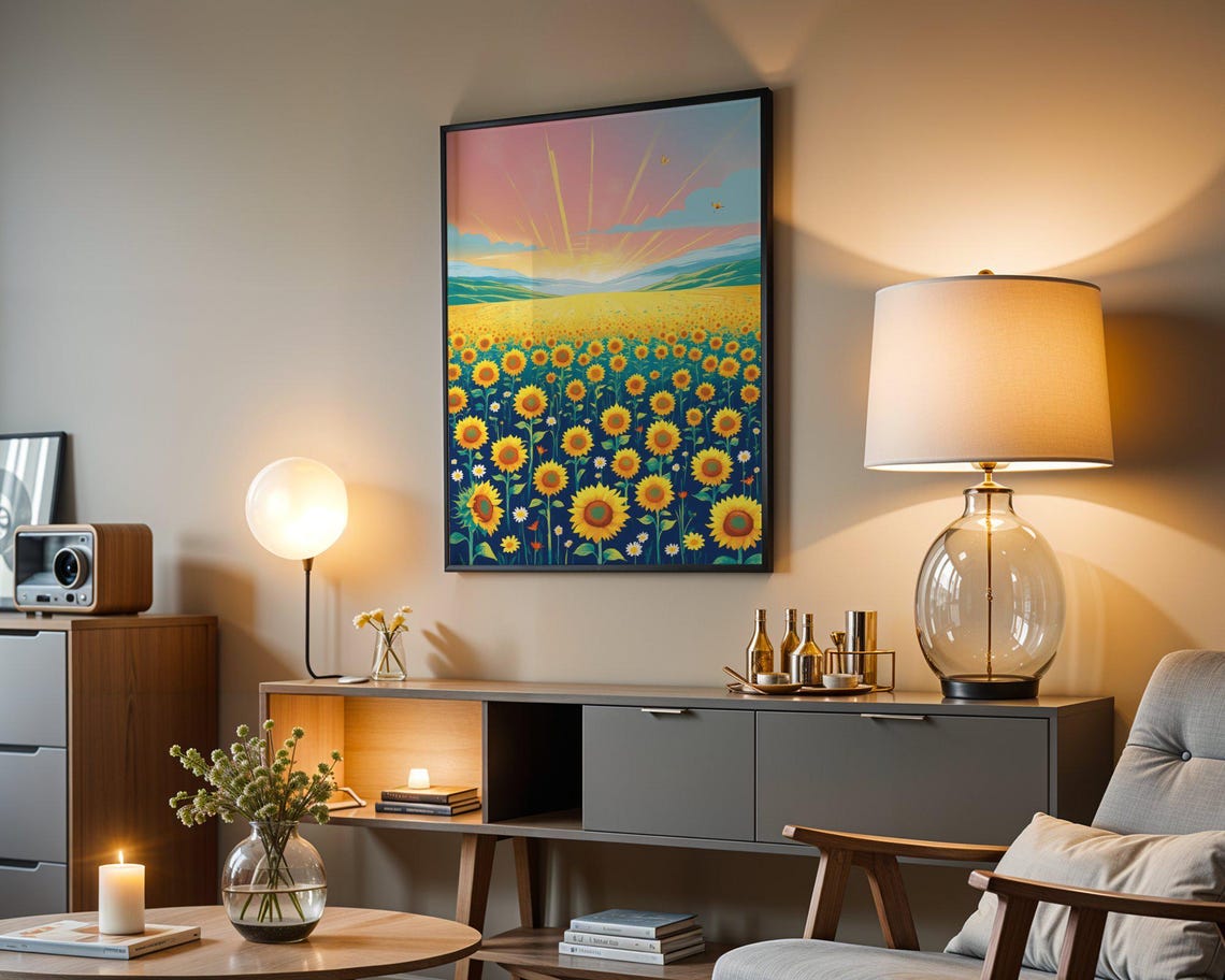 Bright Sunflower Field Sunrise Golden Morning Meadow Sky Art Print - Image 3