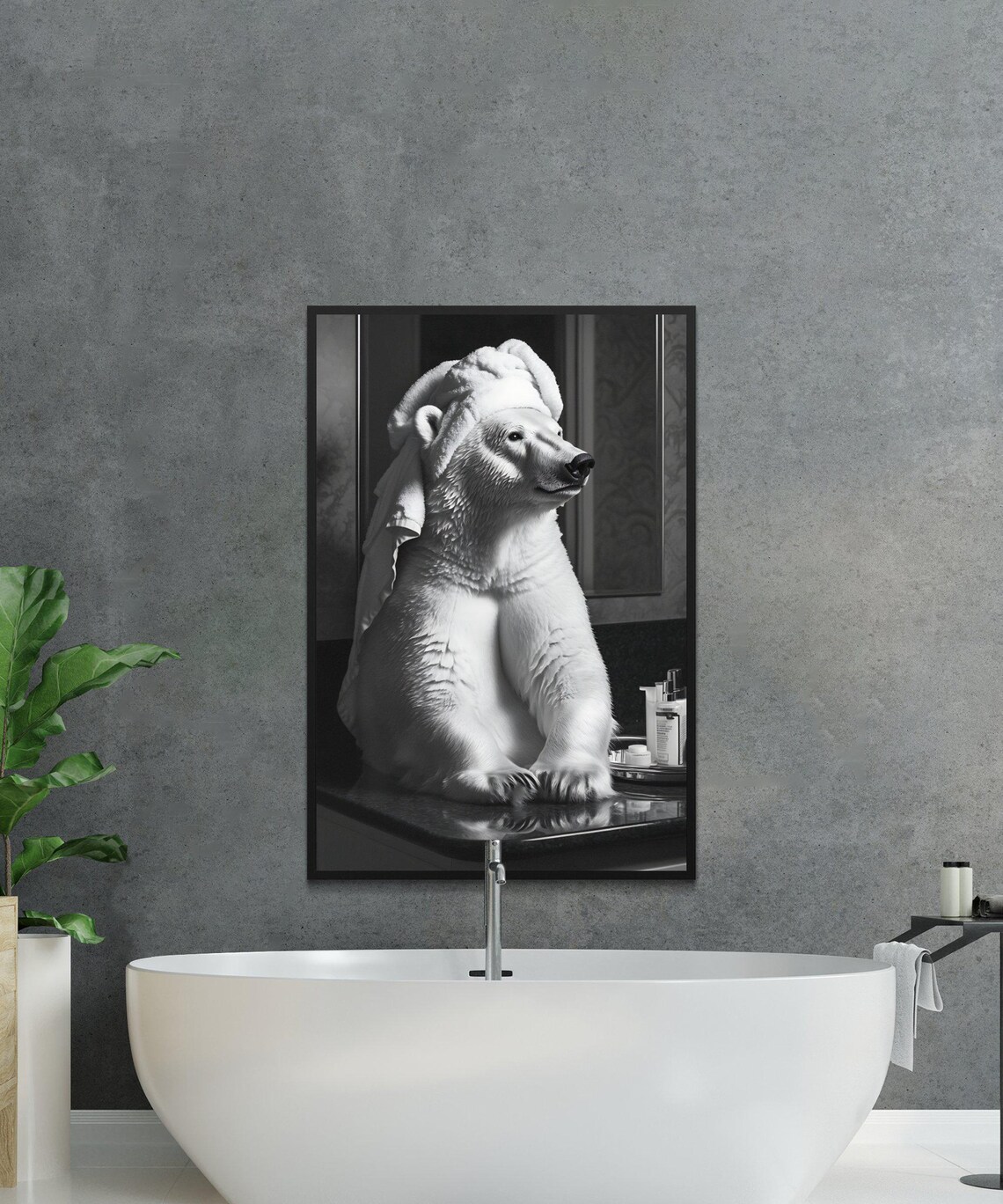 Polar Bear With a Towel on Its Head Sitting on a Bathroom Counter Poster - Image 2