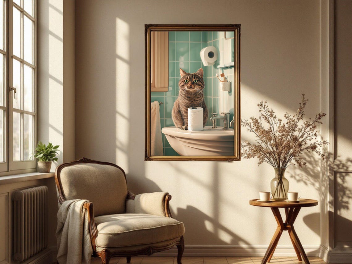 Tabby Cat Sitting by the Sink in a Mint Tiled Bathroom Poster - Image 4
