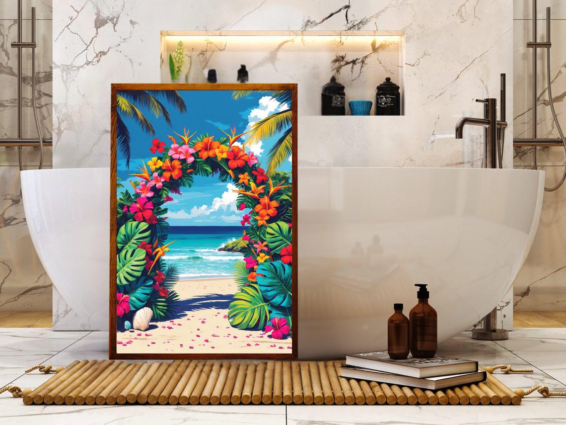 Tropical Beach Ocean View Framed By Hibiscus Flower Arch Poster - Image 5