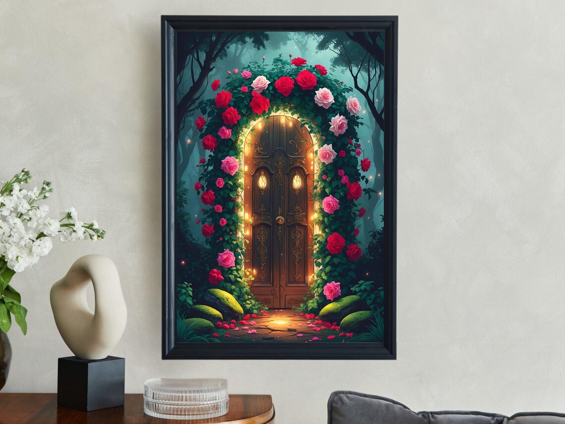 Enchanted Wooden Door Wrapped In Red And Pink Roses At Night Poster