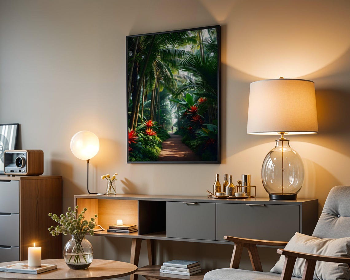 Lush Tropical Jungle Path Lined With Red Flowers and Palms Poster - Image 5