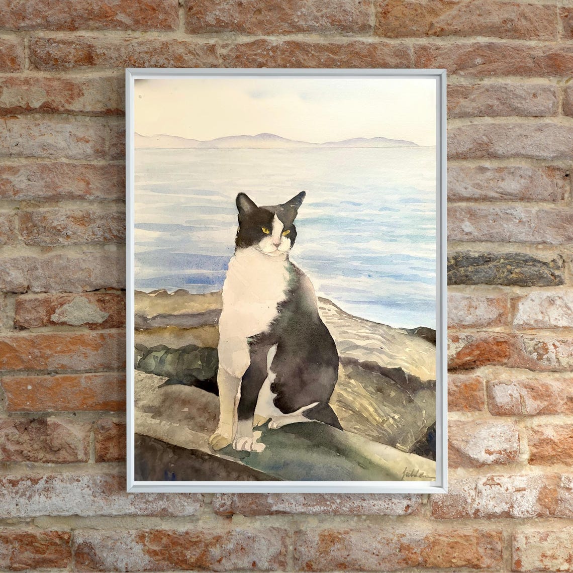 Black and White Tuxedo Cat by the Sea Watercolor Pet Portrait Poster - Image 3