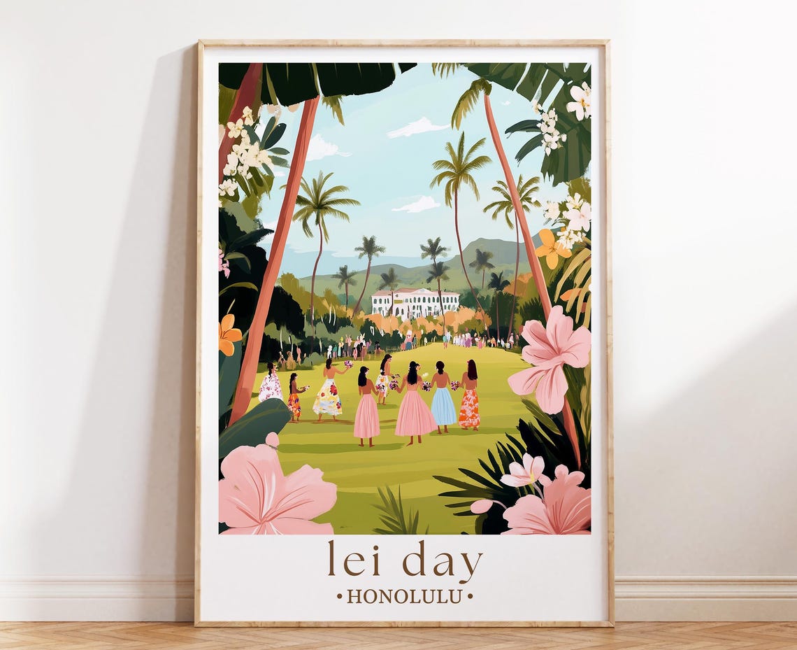 Lei Day Honolulu Poster Hula Dancers Tropical Garden Palm Celebration