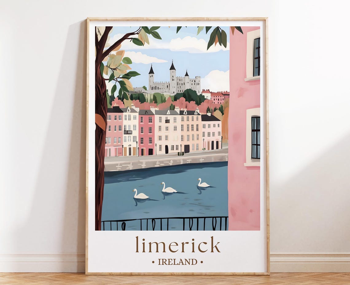 Limerick Ireland Travel Poster, Historic City Scene