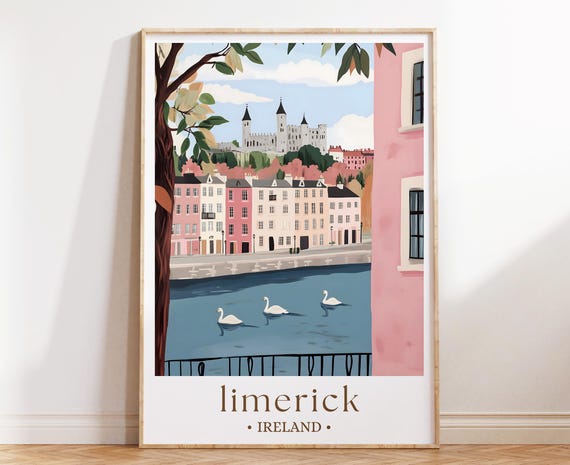 Limerick Ireland Travel Poster, Historic City Scene