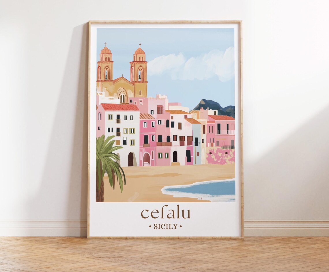 Cefalu Sicily Beach Travel Poster, Mediterranean