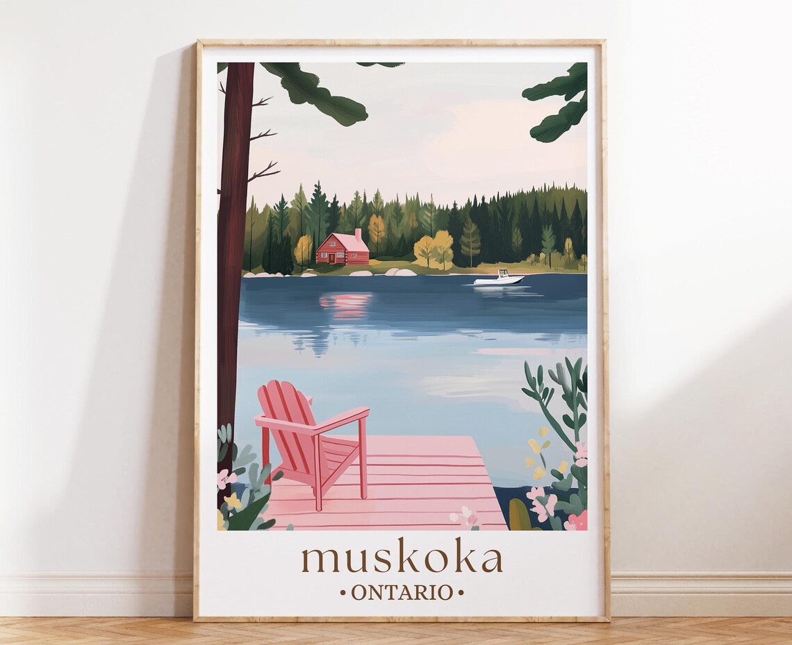 Muskoka Ontario Travel Poster Lakeside Cabin Art Cottage Country Print Canadian Nature Decor Summer Getaway Gift