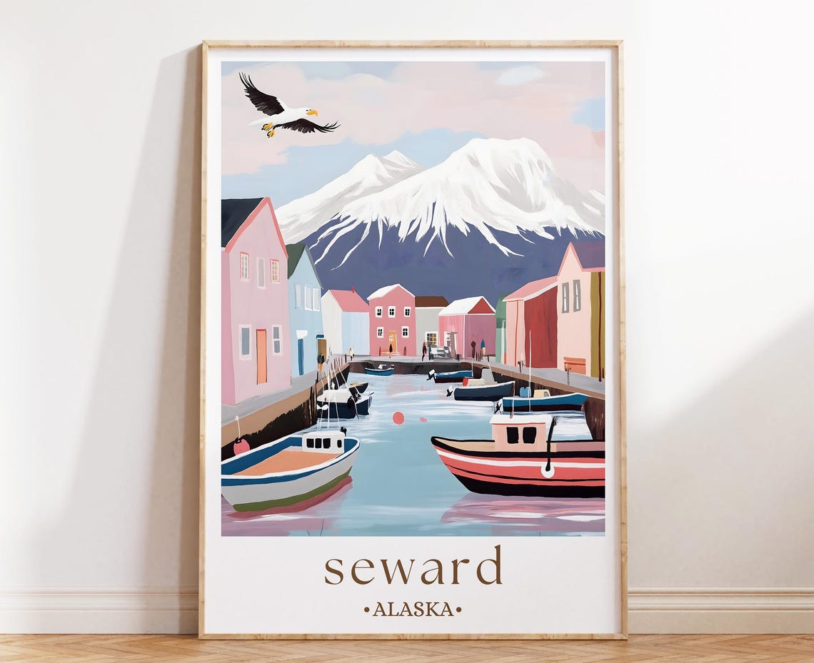 Seward Alaska Harbor Boats Snow Mountain Eagle Coastal Poster
