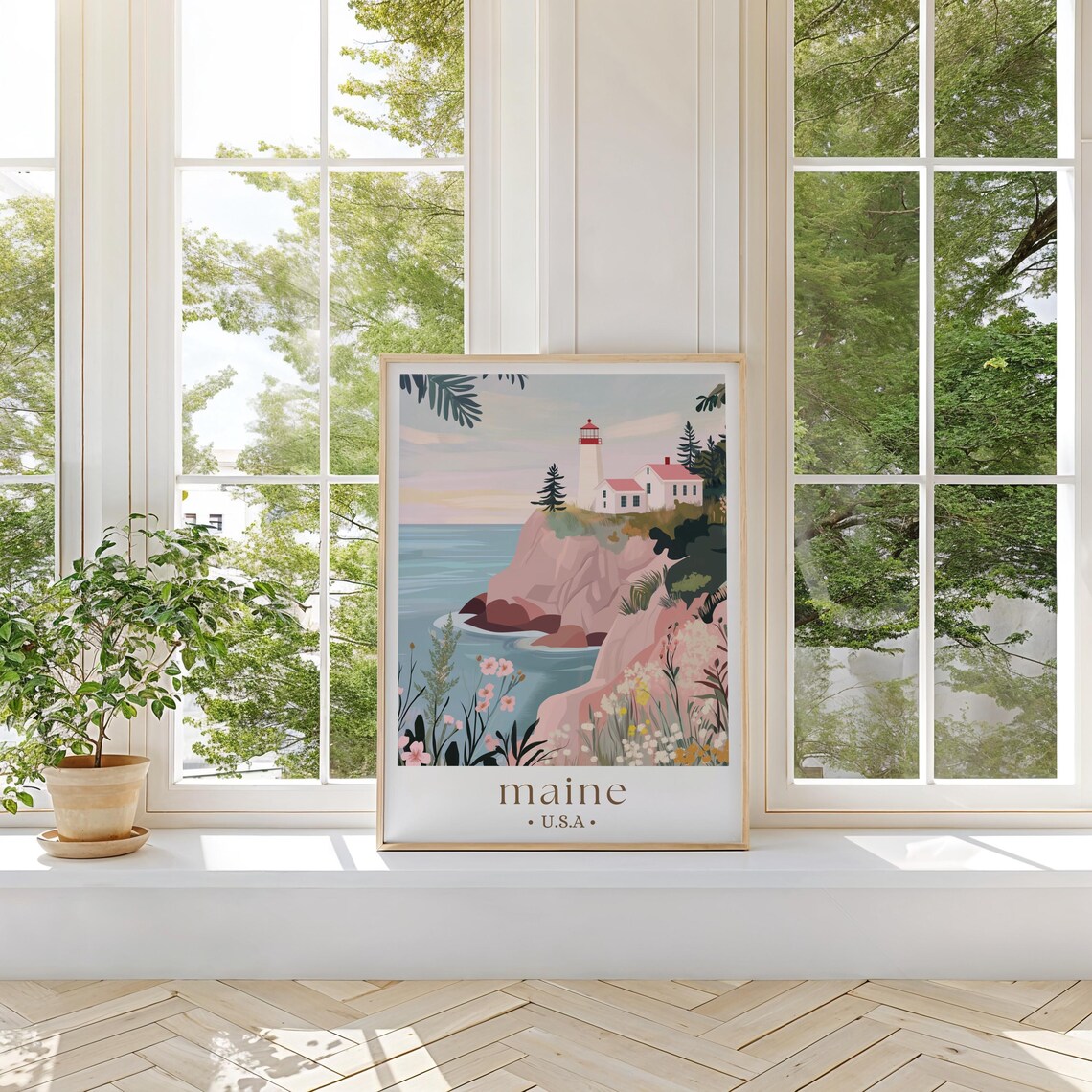 Maine Coastal Scenery Travel Poster, State Landmarks - Image 2