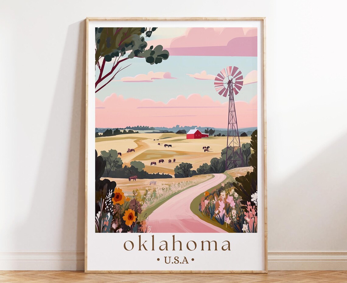 Oklahoma Prairie Heartland Farm Windmill Red Barn Horses Poster