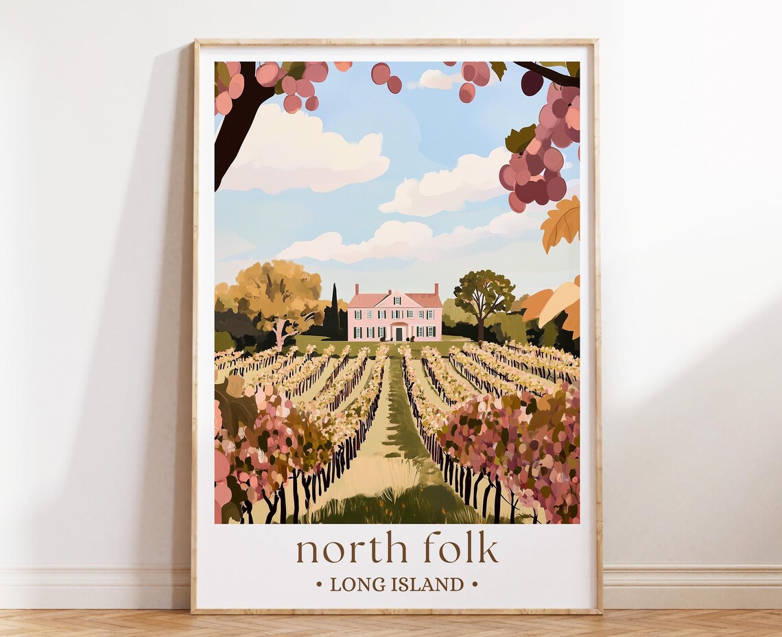 North Folk Long Island Vineyard Rows Farmhouse Harvest Travel Poster