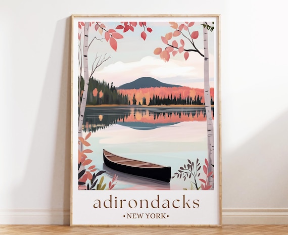 Adirondacks New York Autumn Canoe Lake Mountain Travel Poster Art