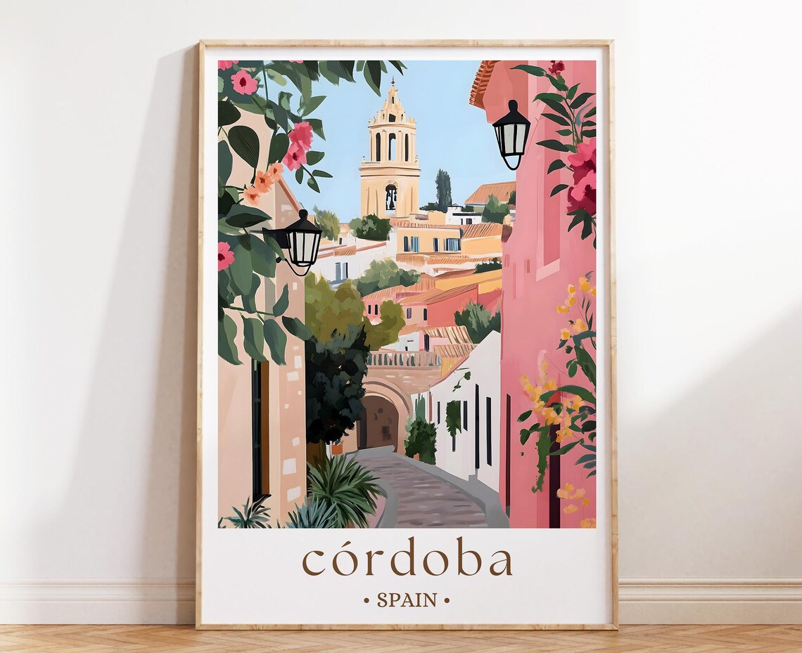 Cordoba Spain Old Town Bell Tower Flower Street Travel Poster