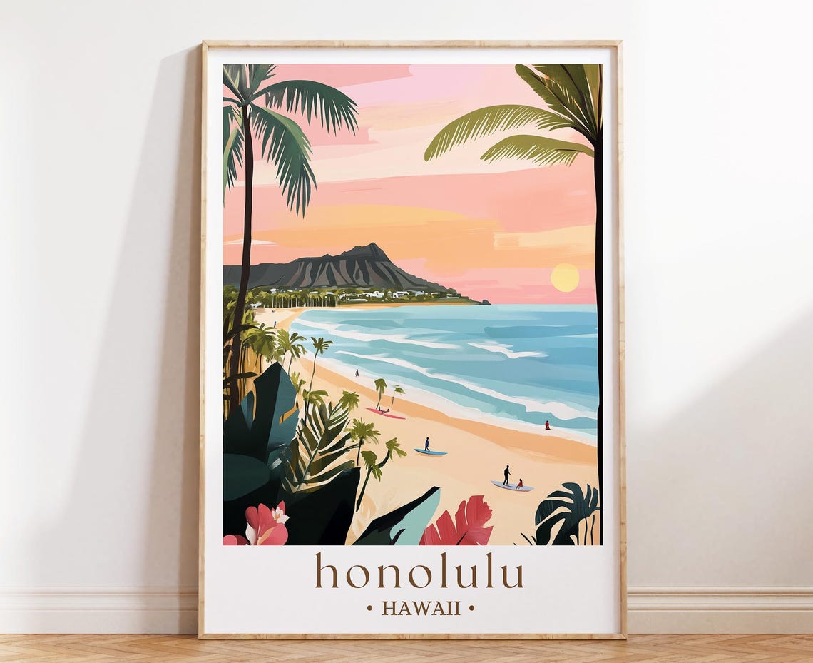 Honolulu Hawaii Sunset Travel Poster, Waikiki Beach