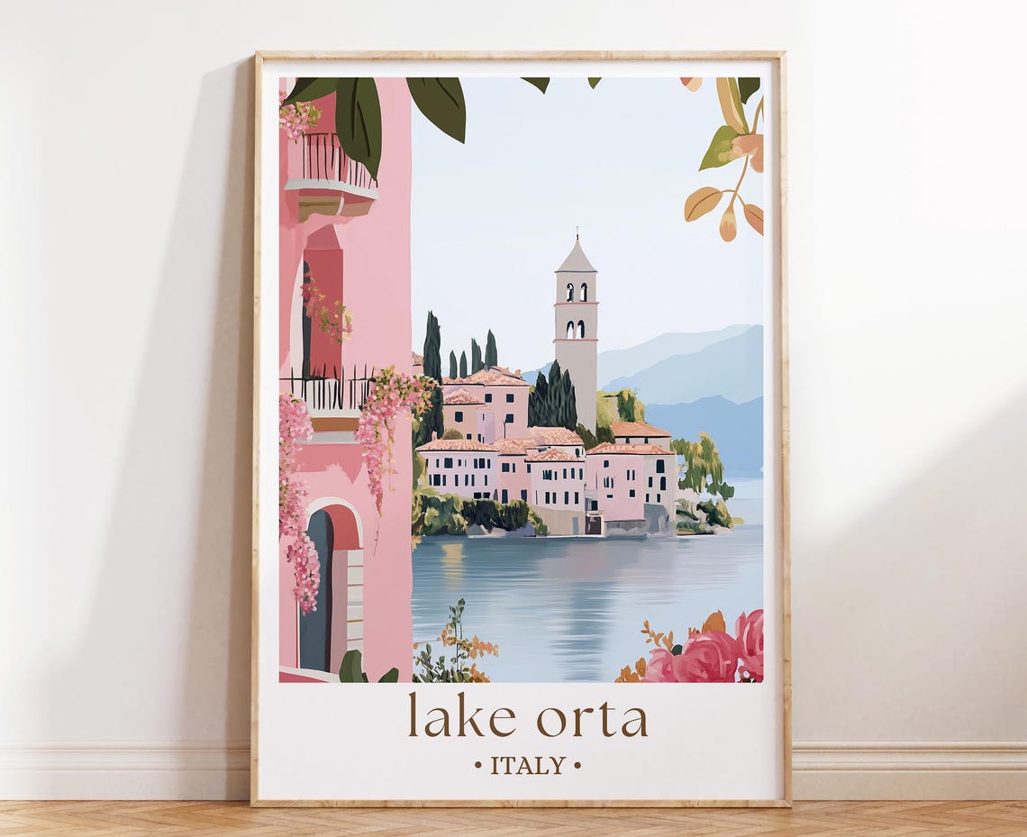 Lake Orta Italy Travel Poster, Illustrated Village Art Print
