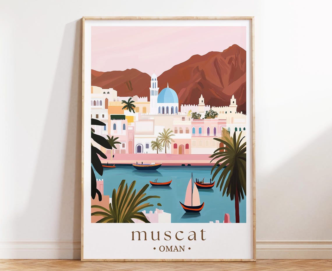 Muscat Oman Harbor Mosque Dome Boats Mountain Coast View Poster