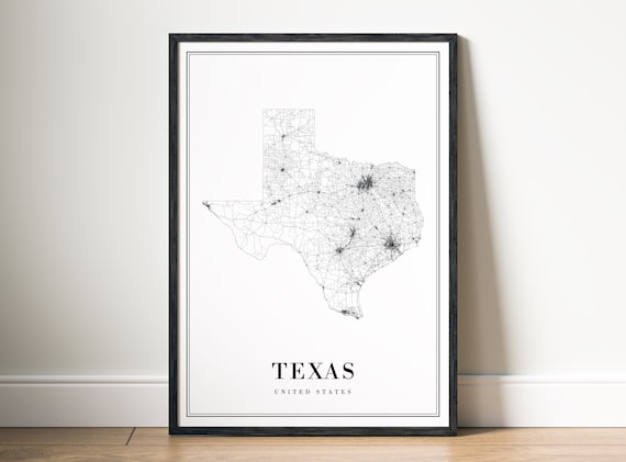 Texas State Map Print, Black and White Travel Poster