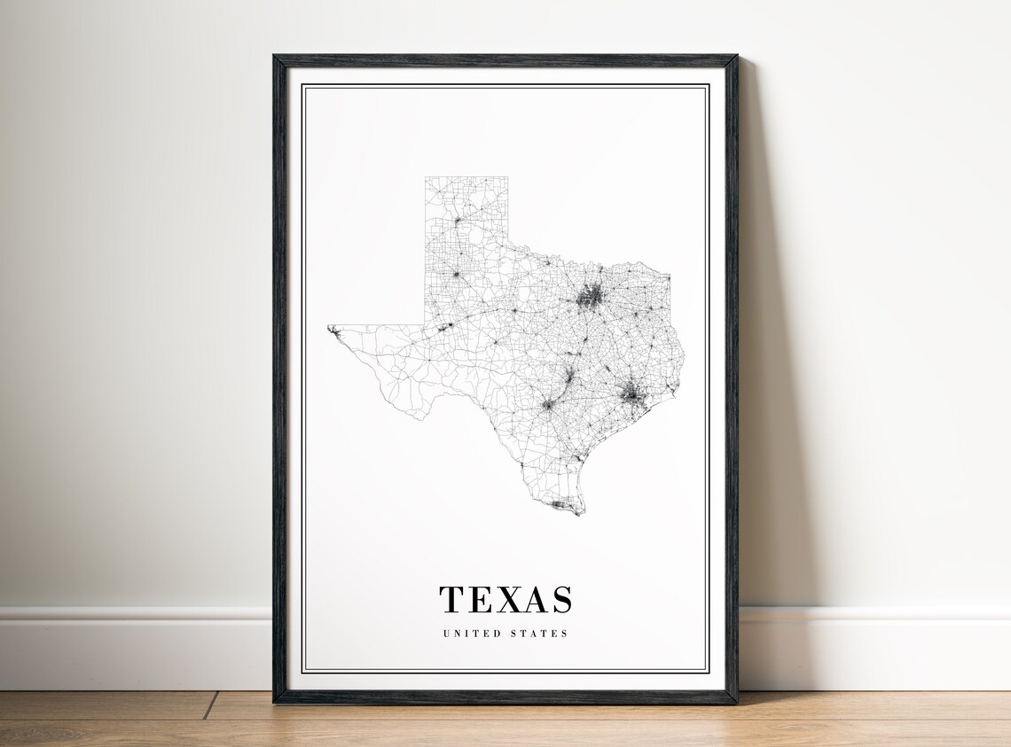 Texas State Map Print, Black and White Travel Poster