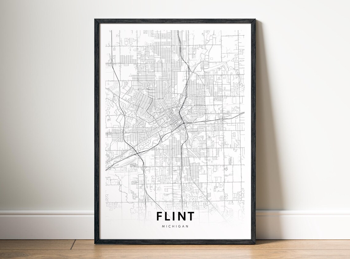 Flint Map Print Michigan Poster Black And White Wall Art Sketch