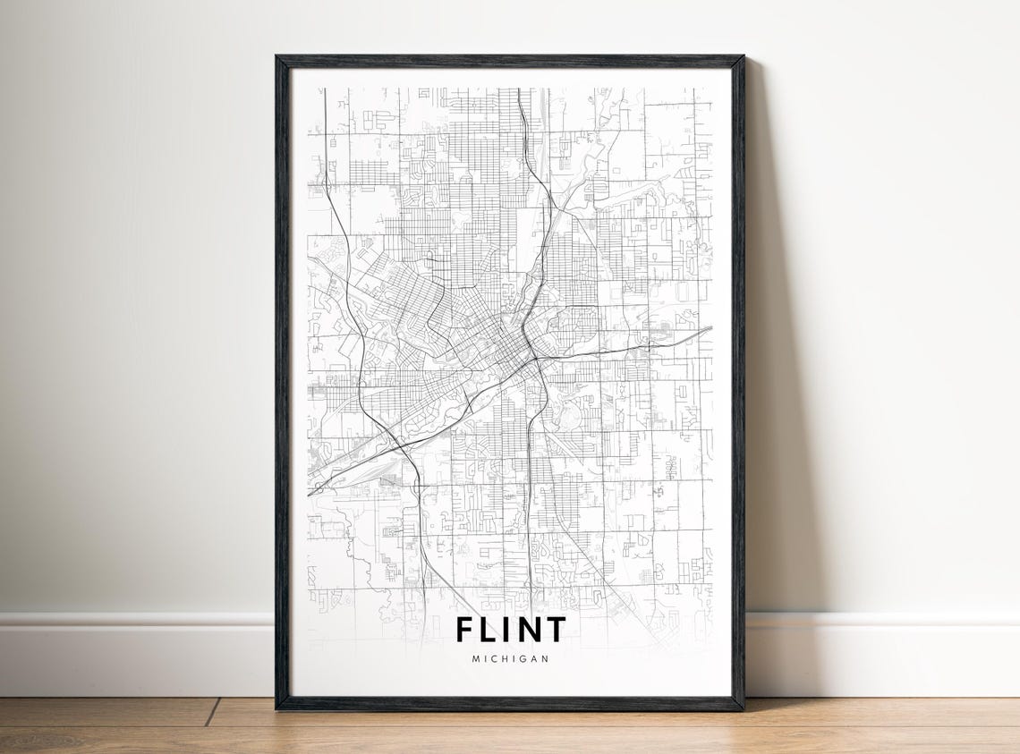 Flint Michigan Downtown Black and White Minimalist City Map Poster