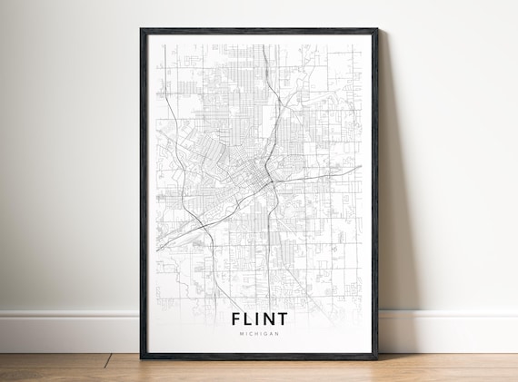 Flint Map Print Michigan Poster Black And White Wall Art Sketch