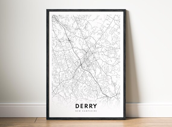 Derry Nh City Map Poster New Hampshire Black And White Minimalistic Print