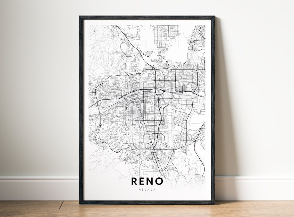 Reno Nevada City Street Map Black White Minimalist Map Poster