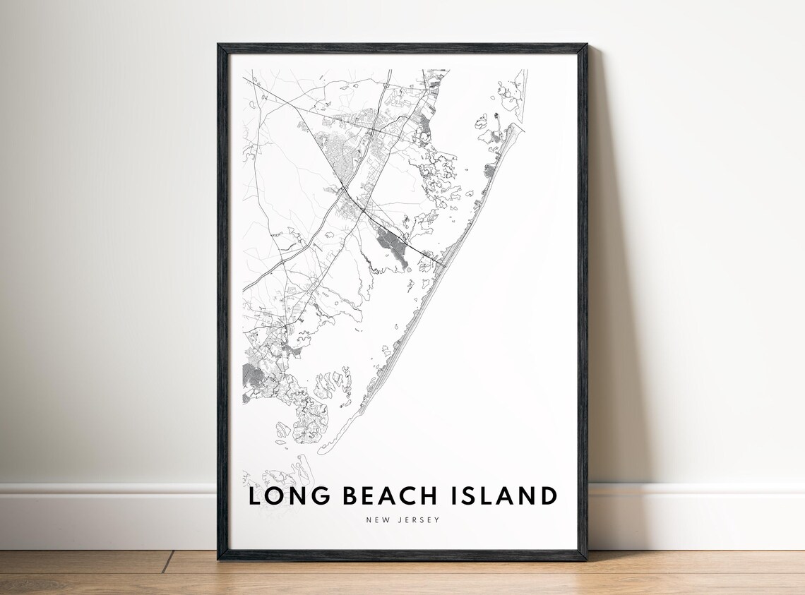 Long Beach Island NJ Map Print, Black And White