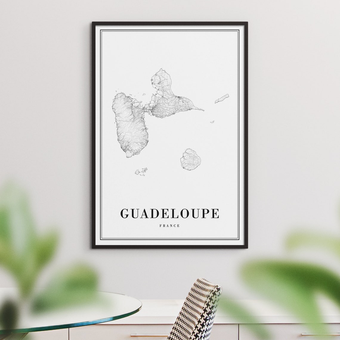 Guadeloupe France Caribbean Island Road Map Black And White Print - Image 3