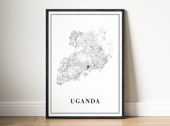 Uganda Map Black And White Art Print