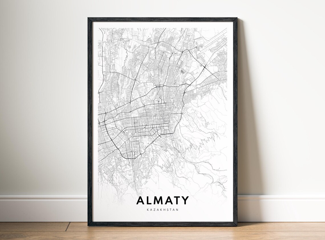 Almaty Kazakhstan City Map Print Black White Minimalist Wall Art In Two Styles