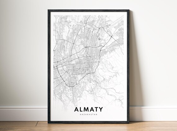 Almaty Kazakhstan City Map Print Black White Minimalist Wall Art In Two Styles