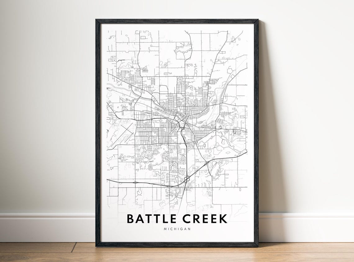 Battle Creek Michigan City Street Map Minimalist Black White Poster