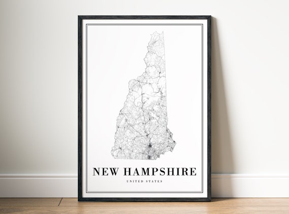 New Hampshire State Map Art Print, Black And White