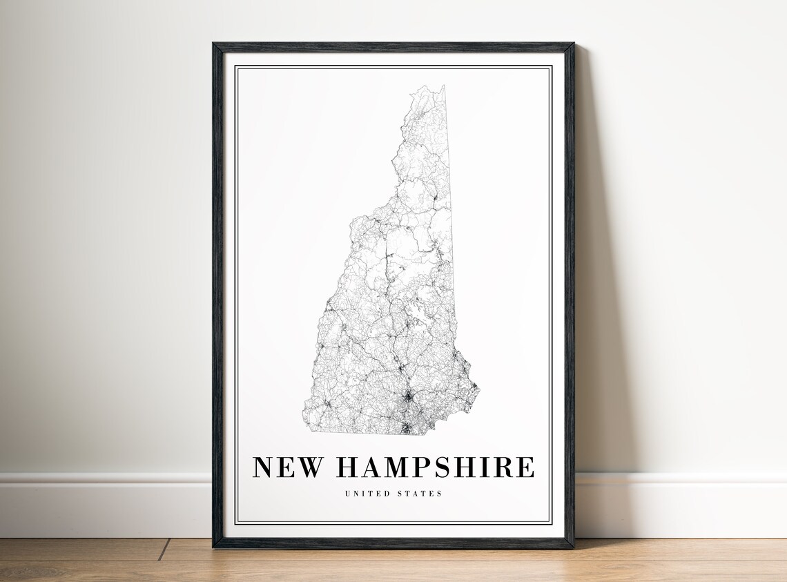 New Hampshire State Map Art Print, Black And White