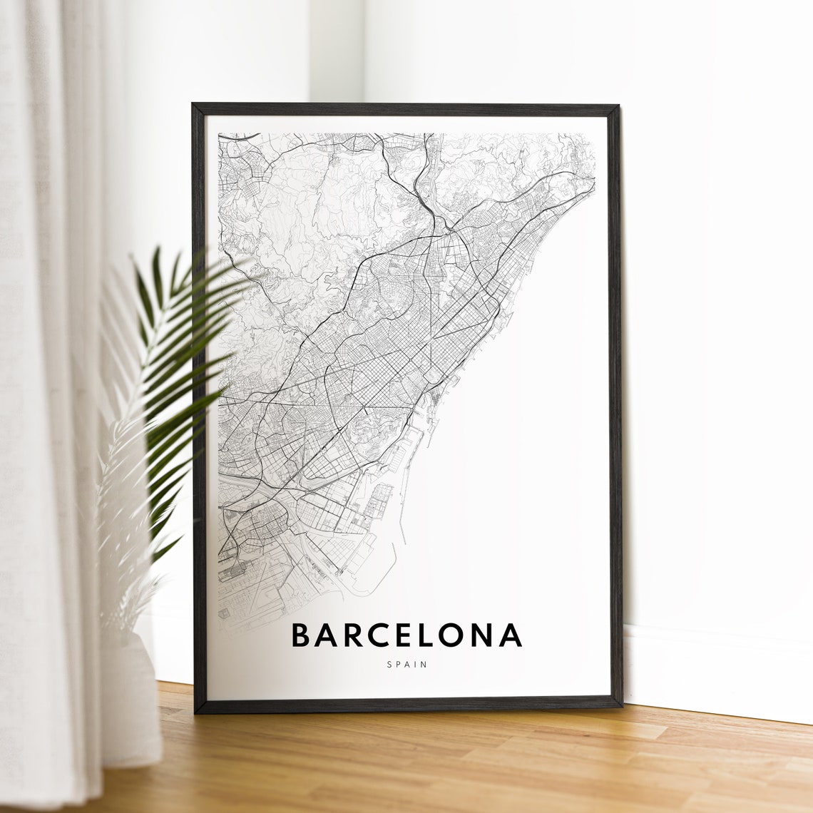 Barcelona Spain Minimalist City Street Map Black White Wall Art