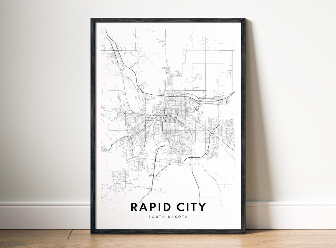 Rapid City Sd Map Poster South Dakota Black And White Modern Wall Art Minimalist