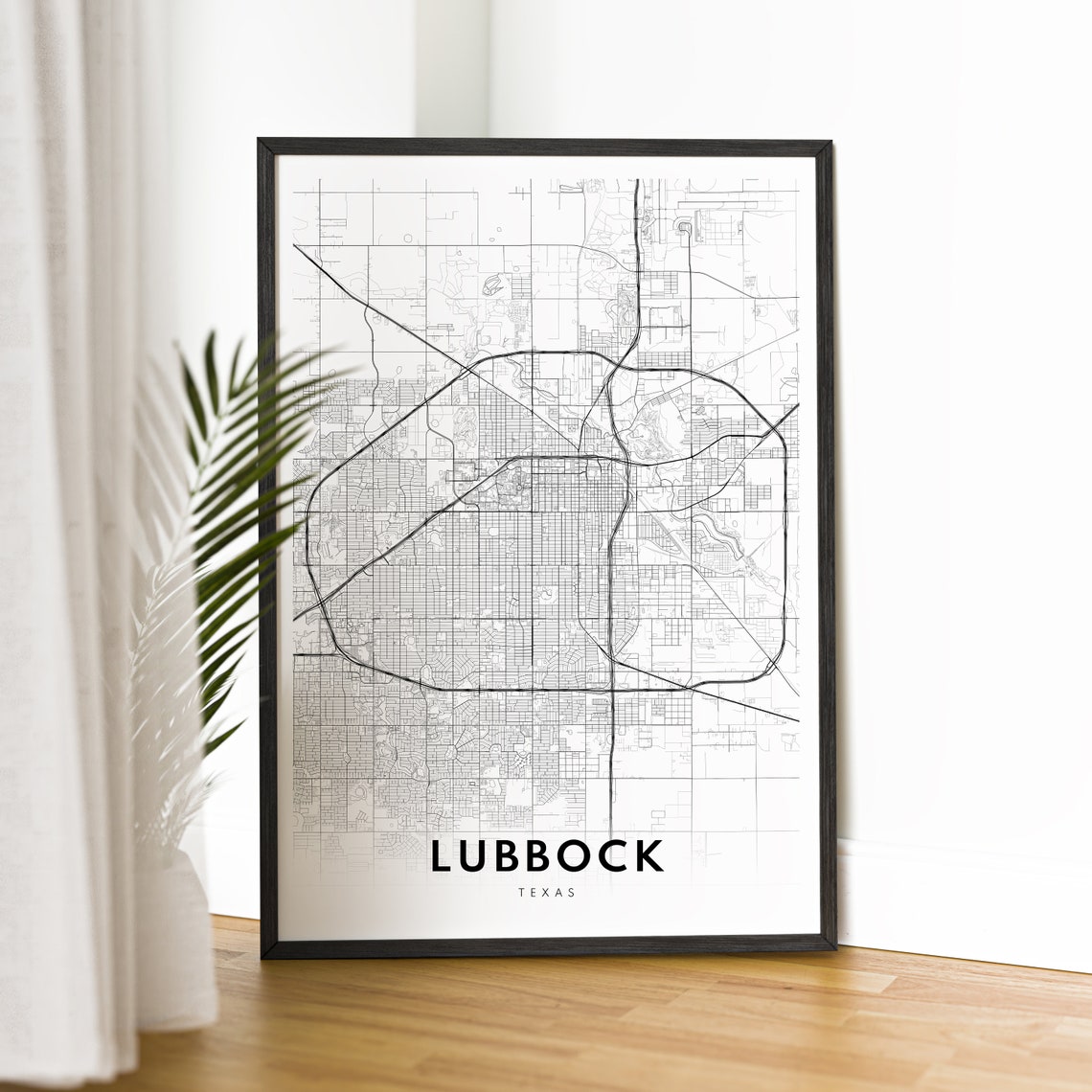 Lubbock Texas Minimalist Black and White Street City Map Poster - Image 2