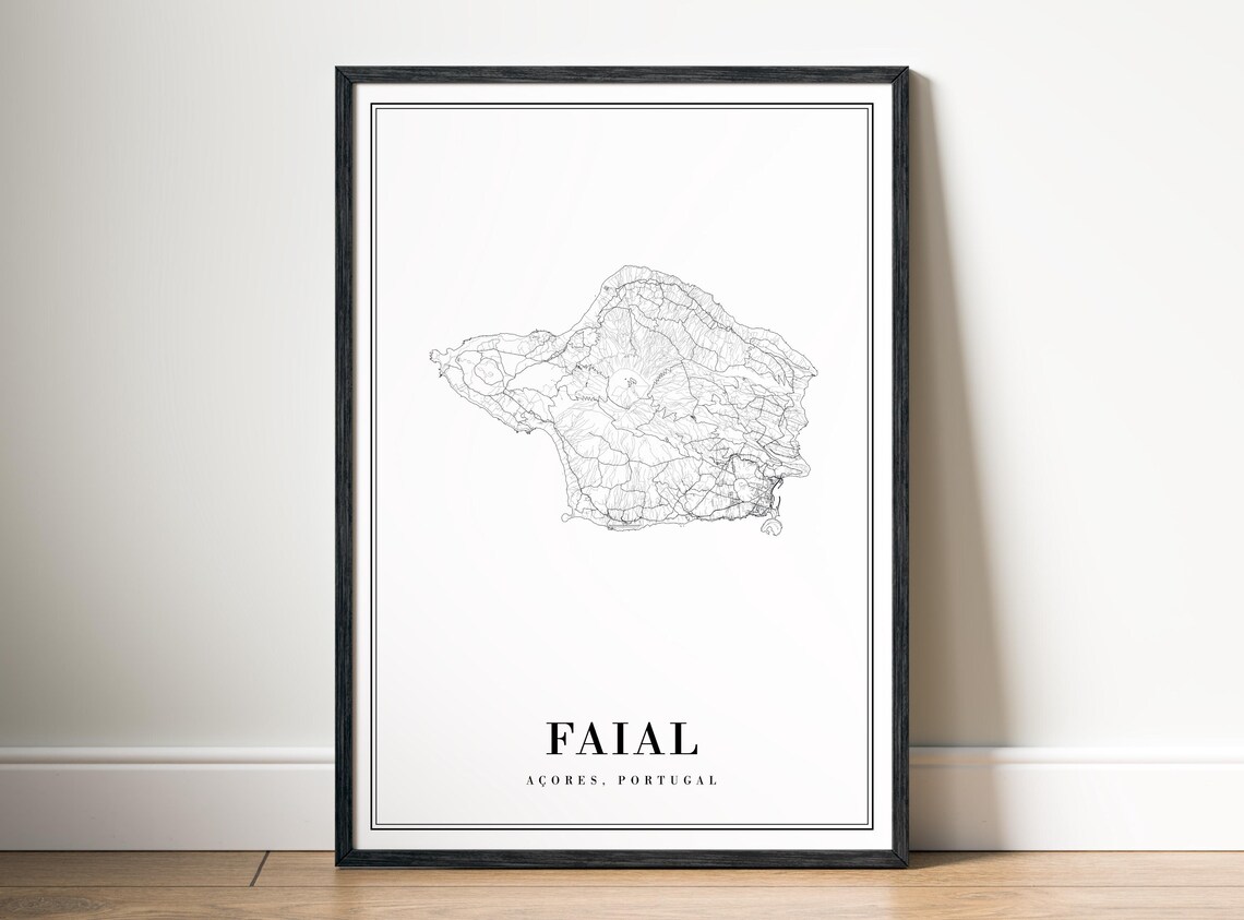 Faial Aores Map Poster Print Island Black And White Art Wall Sketches