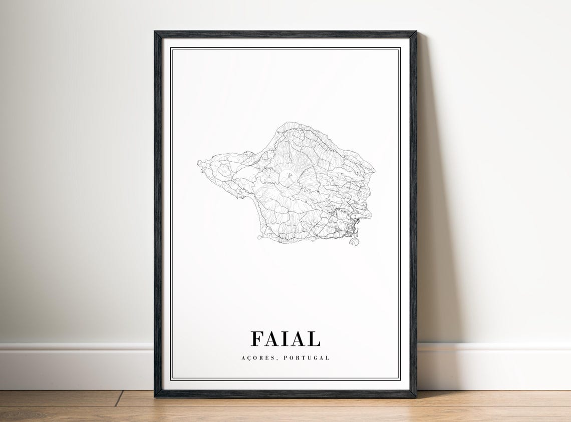 Faial Azores Portugal Island Map Black And White Line Art Poster