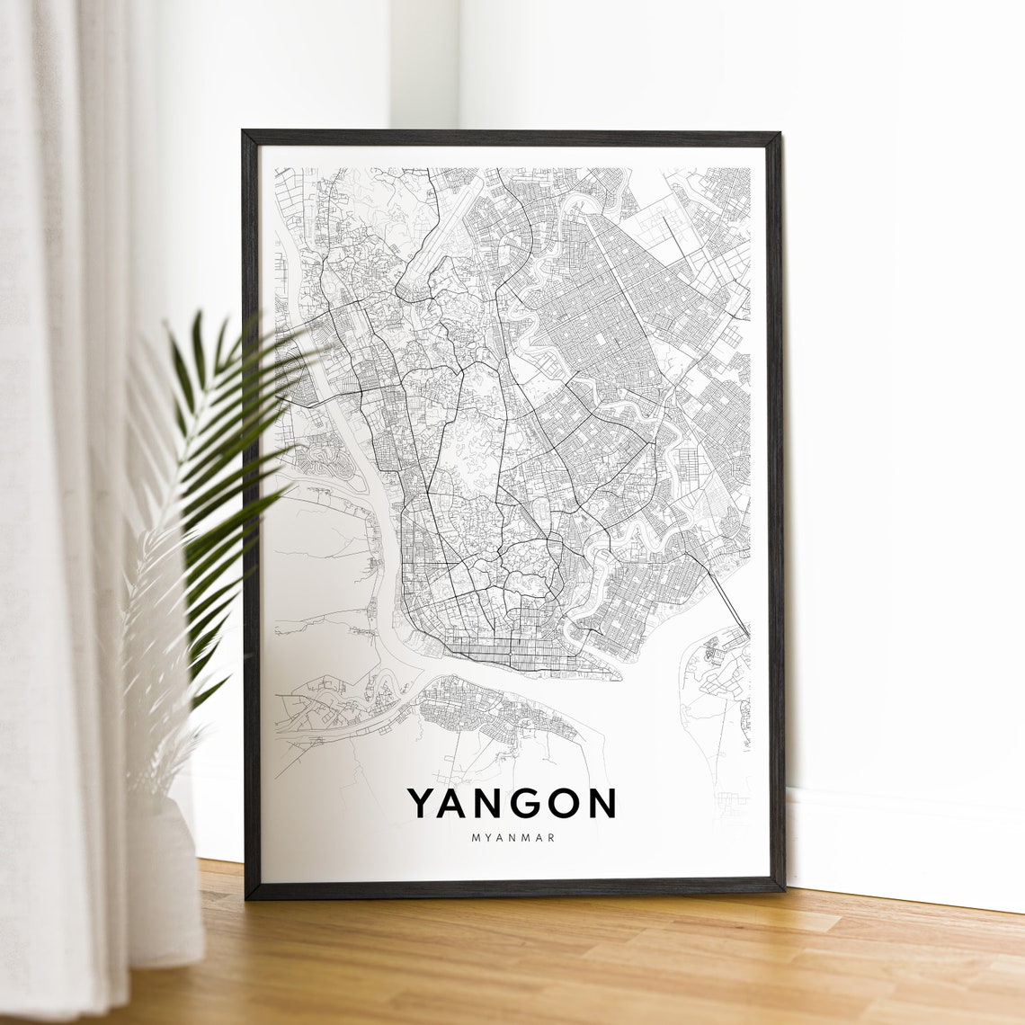 Yangon Myanmar City Street Map Minimal Black White Map Wall Print - Image 4