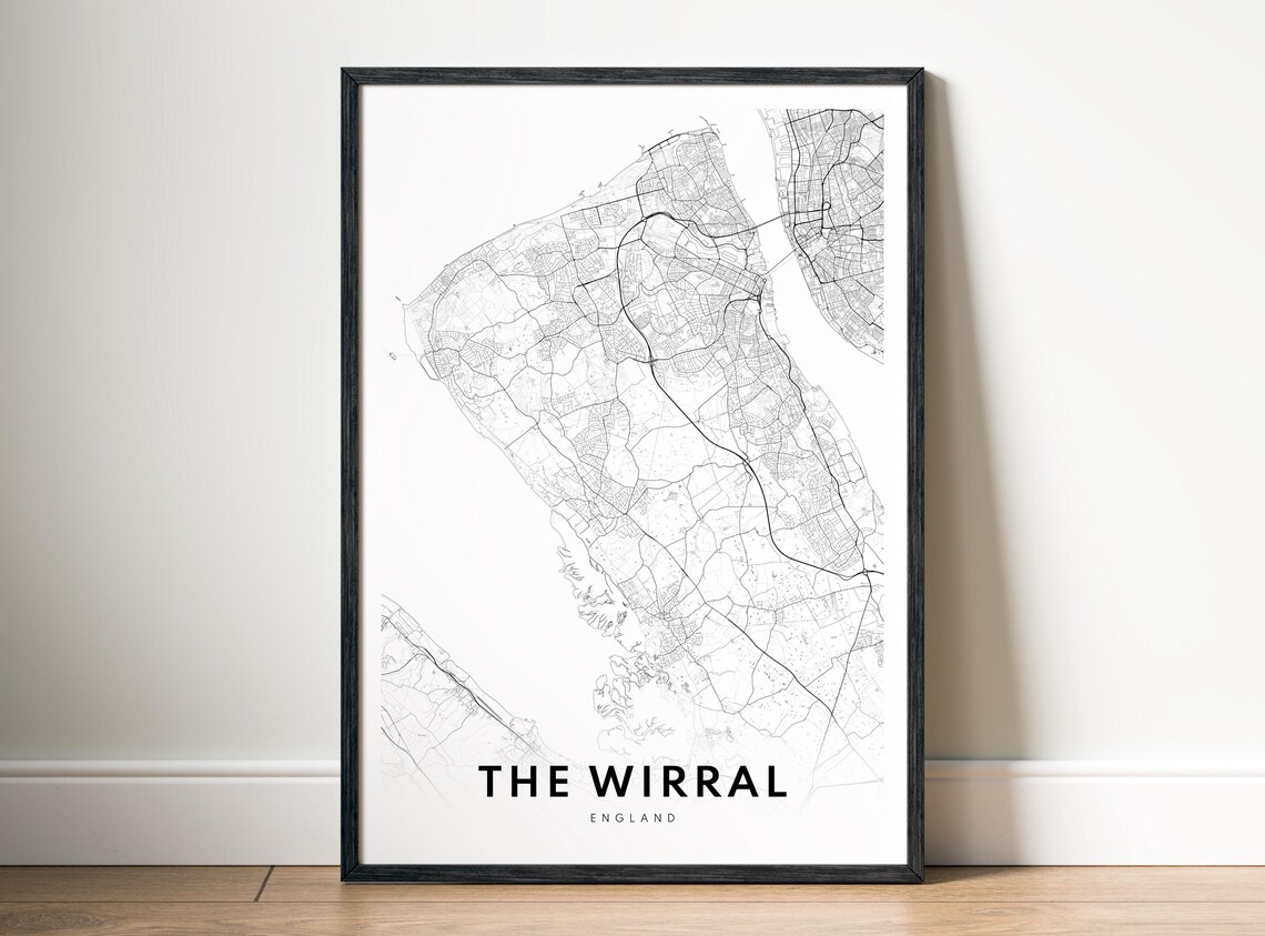 Wirral Map Poster, Black and White Minimalist