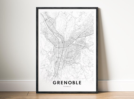 Grenoble City Map Poster France Black And White Minimalist Wall Art Modern Decor