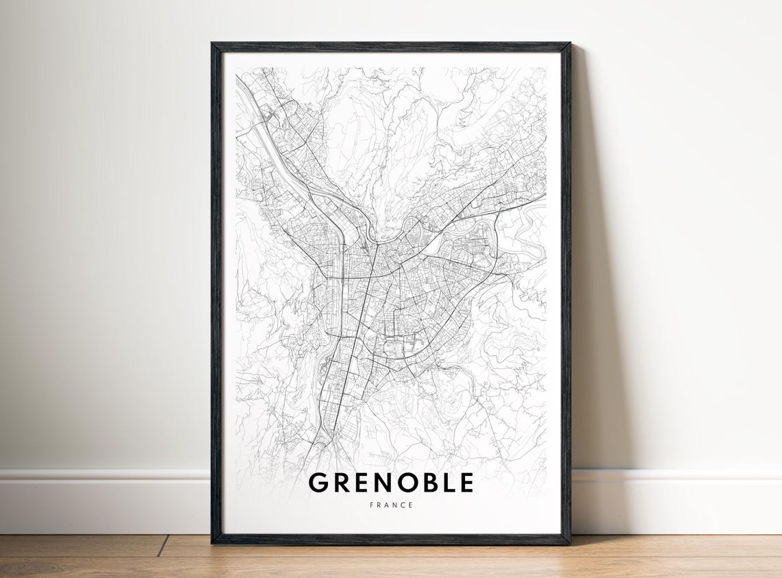 Grenoble France Black and White Minimalist City Map Art Poster