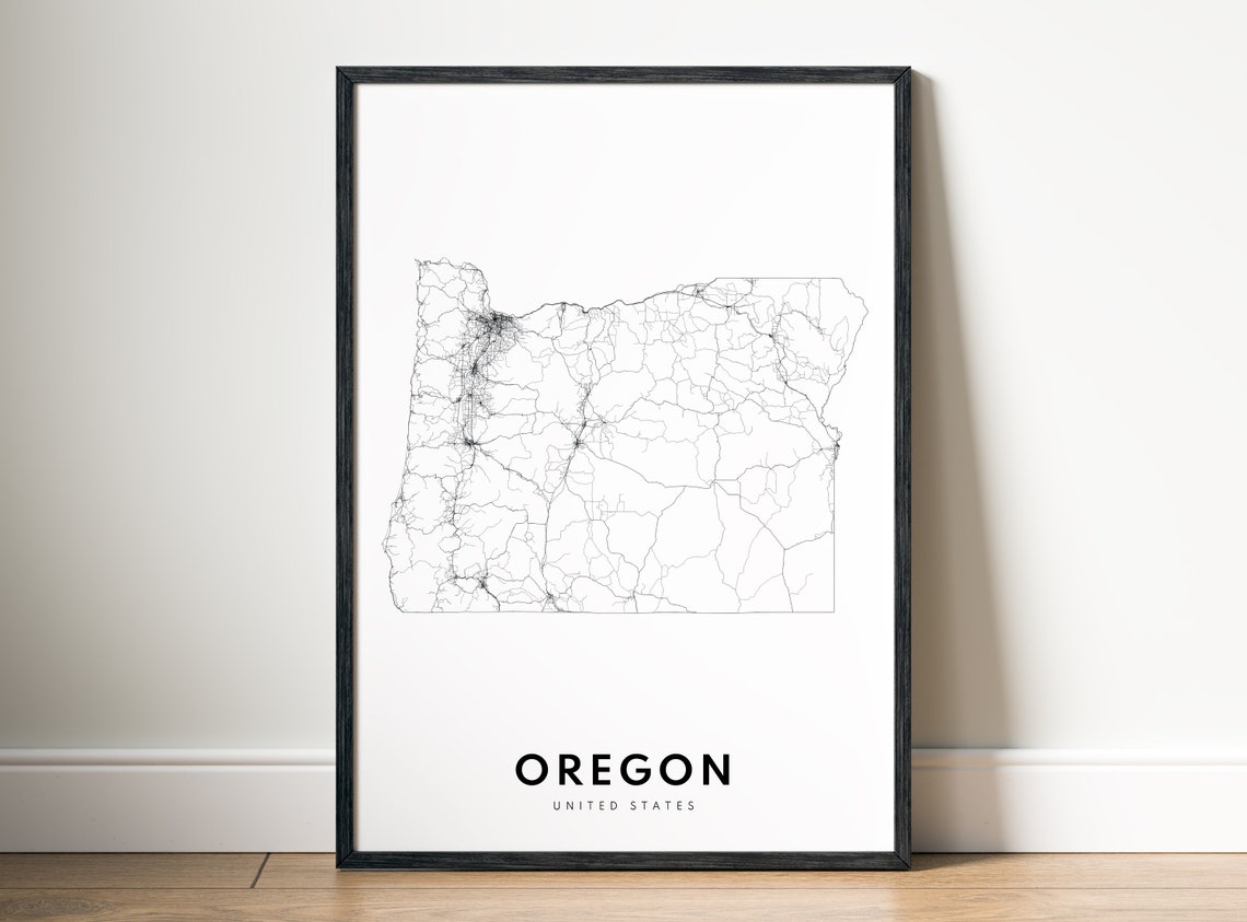 Oregon State Detailed Road Map Minimalist Black White Art Poster - Image 5